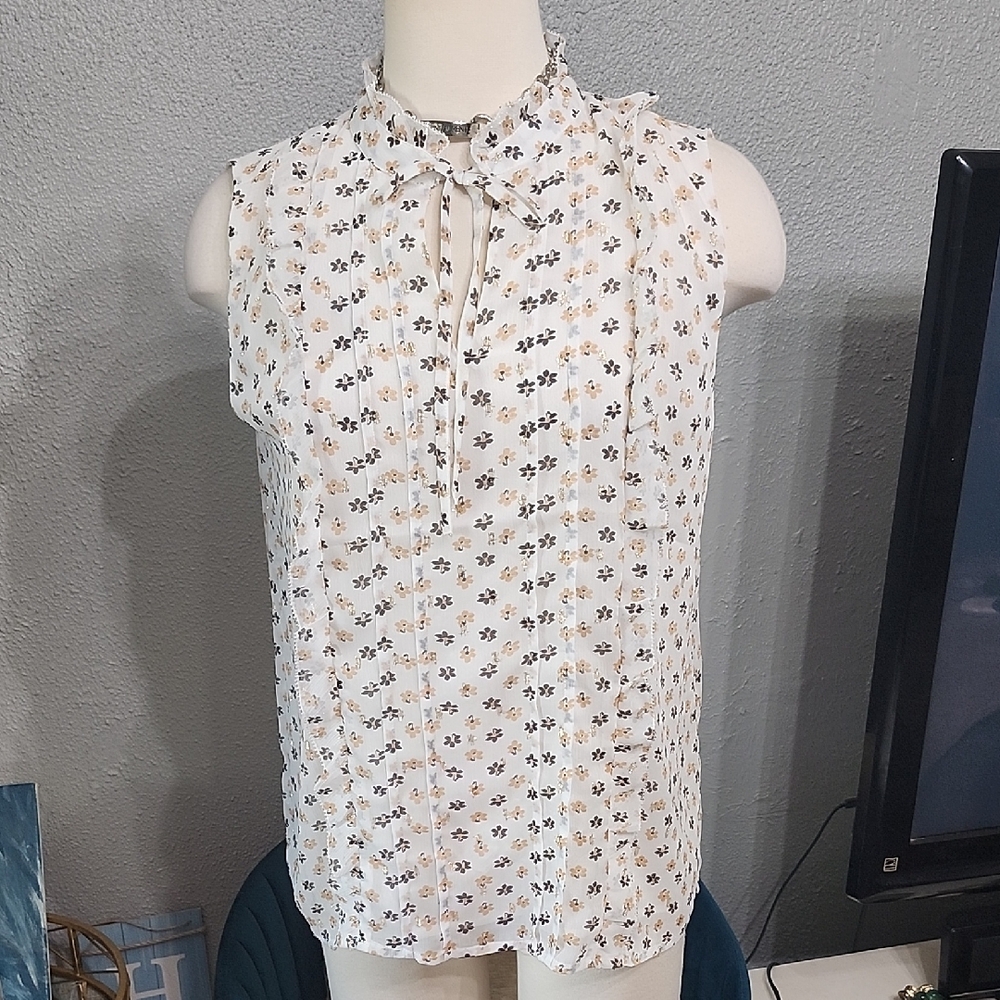 Ann Taylor Floral Tie-Neck Blouse - Ivory, Tan, Gold, and Black Nwt